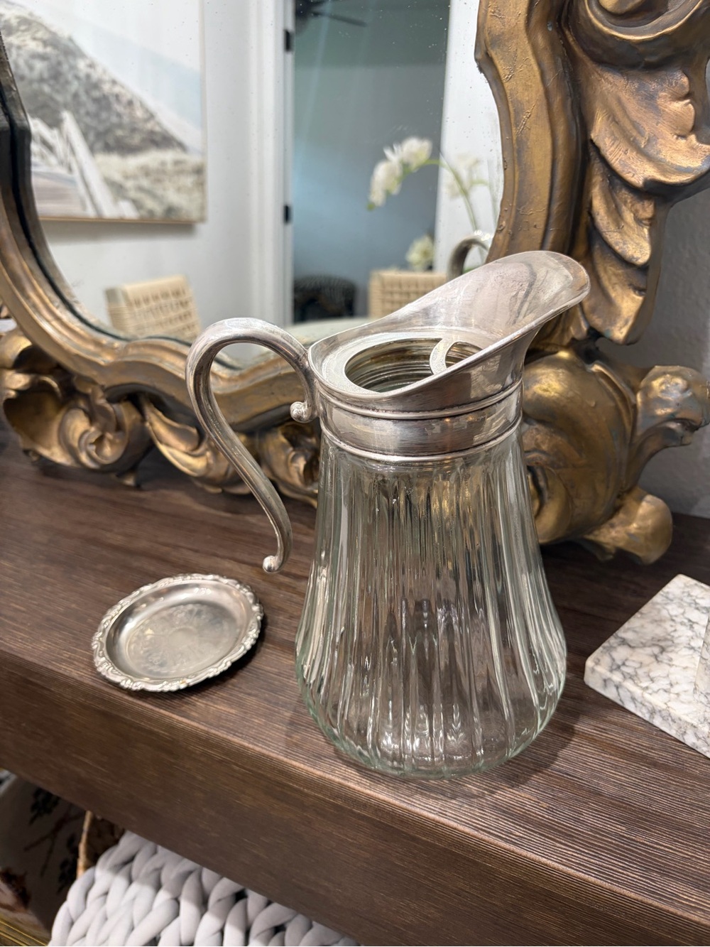 Vintage silver plated lead clear Glass Pitcher with Spout and Handl